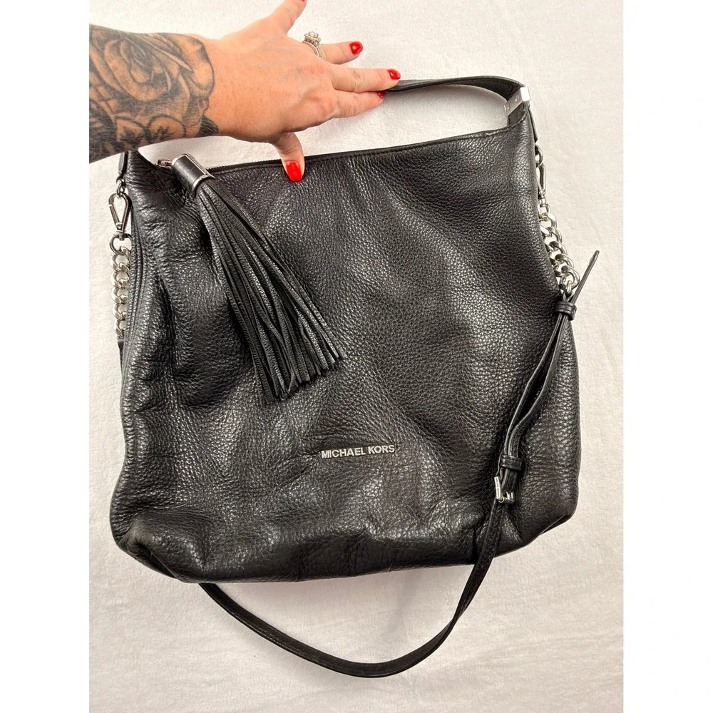 Michael Kors Weston Black Pebbled Leather Hobo Bag Silver Accent Large Crossbody